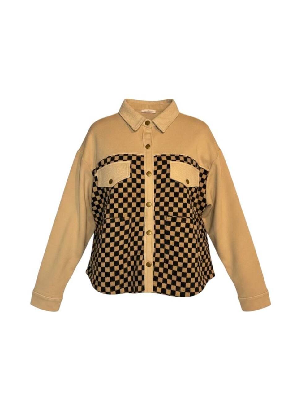 Ces Femme Tan and Black Checkered Snap-Down Shacket